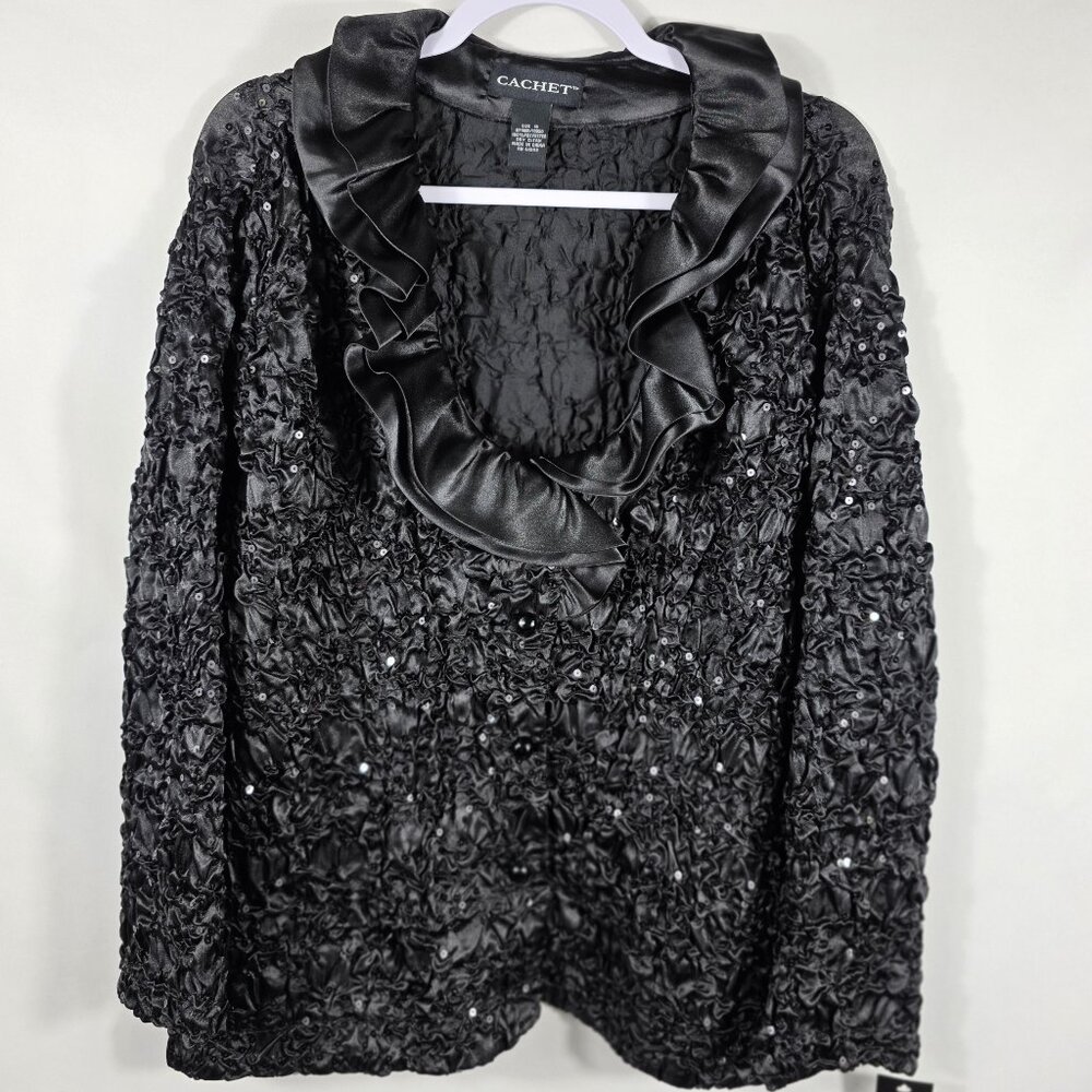 Cache Black Sequin Blazer Jacket Women's Size 16 Ruffled Satin Collar NEW